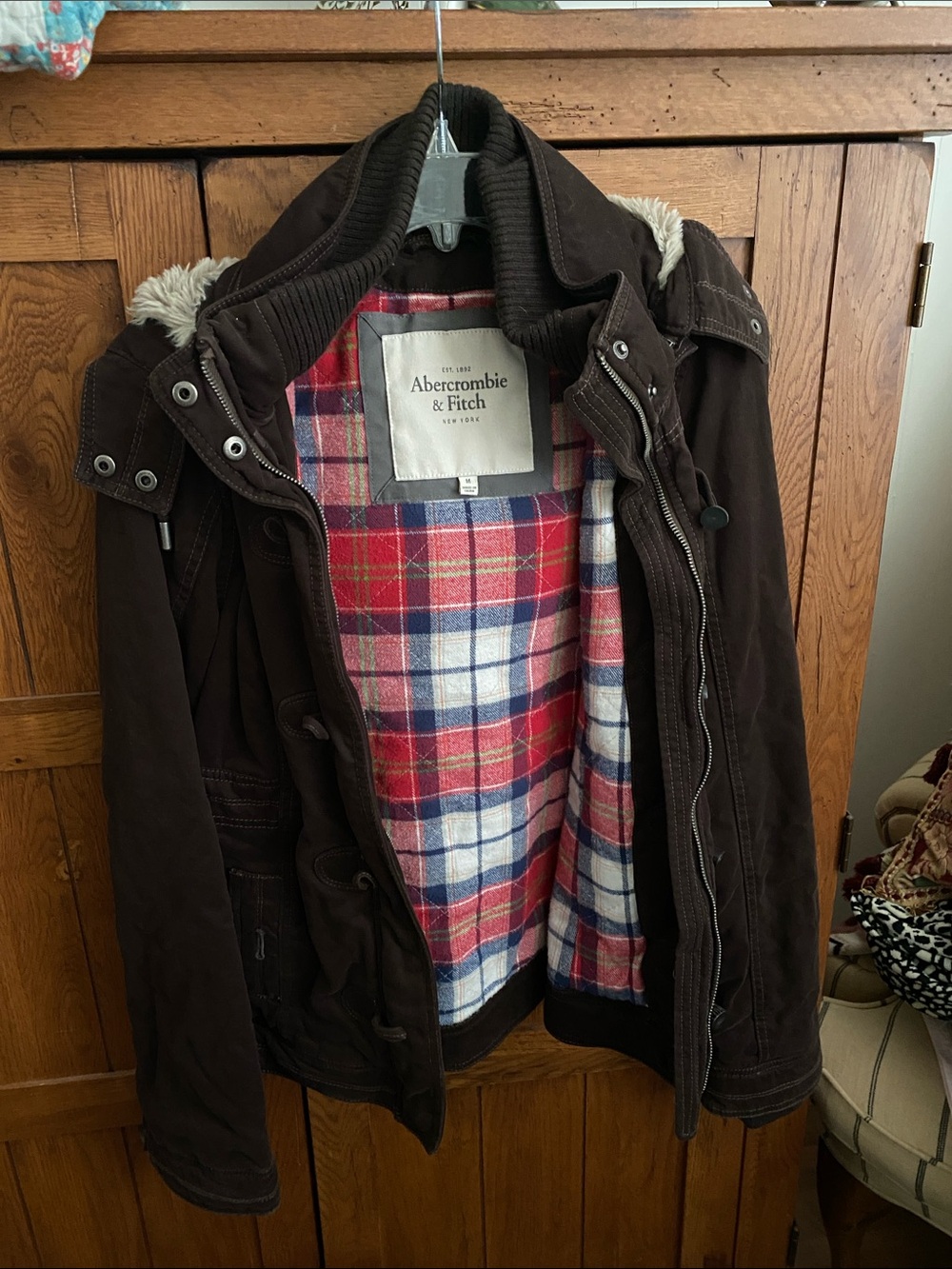 ❤️Abercrombie & Fitch Brown Hooded Field Jacket with Red & Blue Plaid Lining M